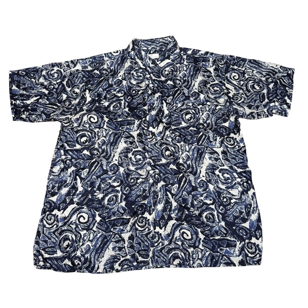 Vintage Hawaii‎ Silkway Abstract Hawaiian Camp Shirt Blue White M